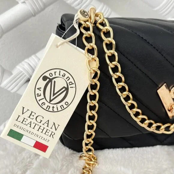Valentino Orlandi Quilted Vegan Leather Shoulder Bag Gold Chain Black NWT $279 - Picture 5 of 16